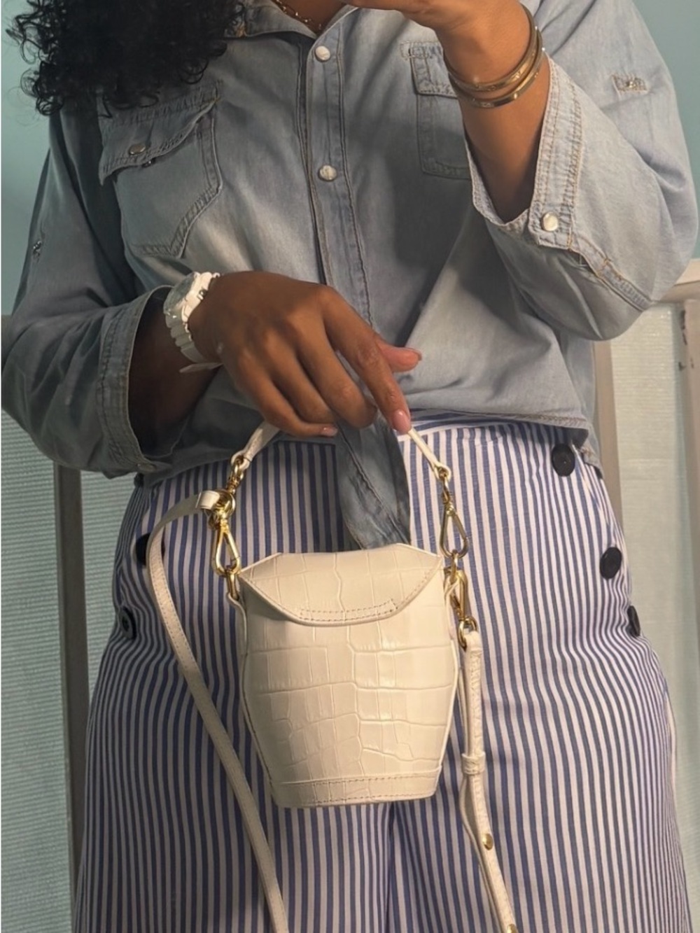 S.Joon Mini Milk Pail White Croc-Embossed Leather Bag